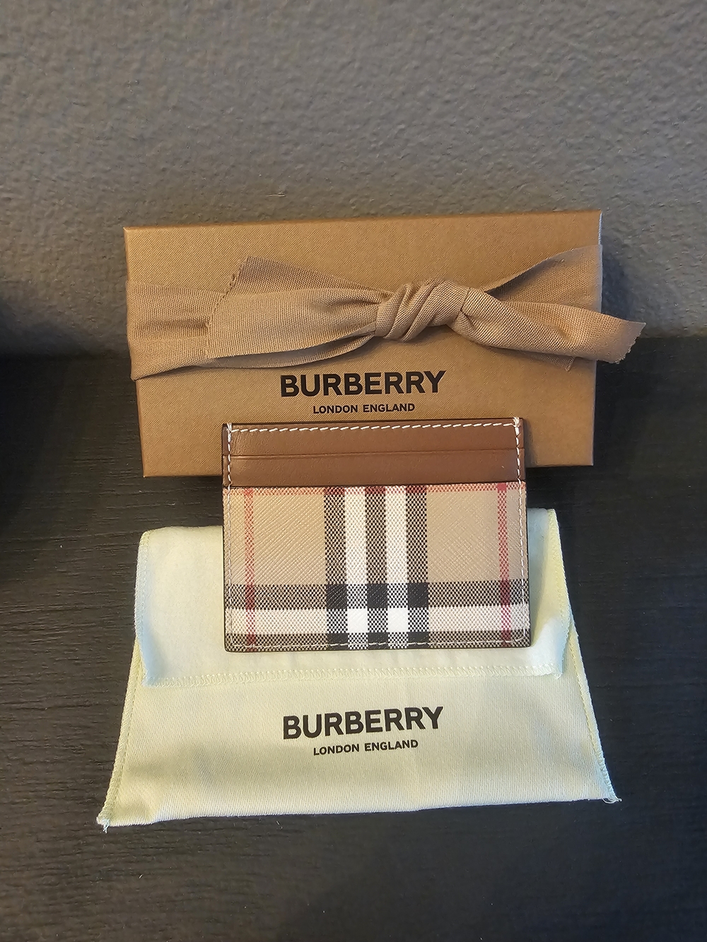 Burberry Beige Check Card & Key Holder with Brown Trim